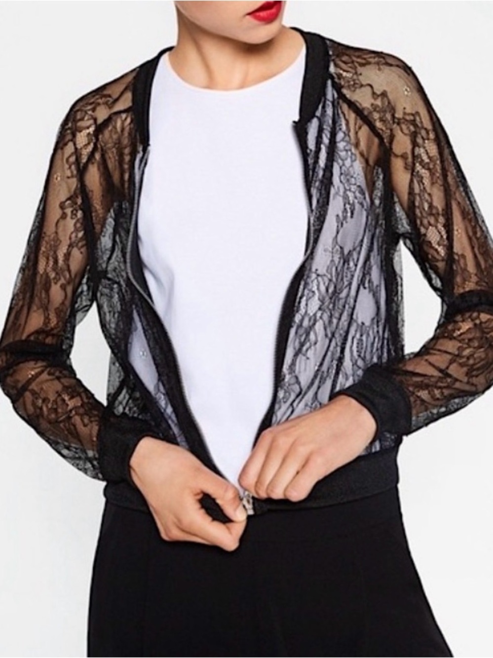 Zara Black Sheer Lace Bomber Jacket